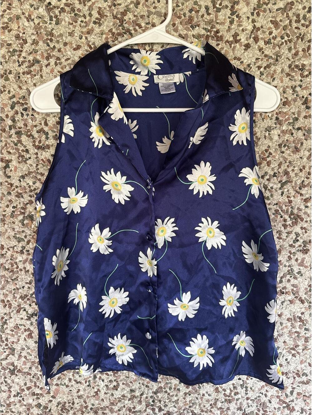 VTG 90s Cinema Etoile Sleeveless Button-Up Blouse Blue Daisy Floral Print, S